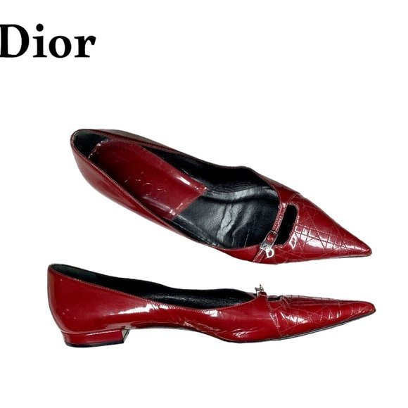 Dior Patent Leather Cannage Pointed Toe Slip On Ballet Flats Burgundy Size EU 39 - Picture 1 of 6